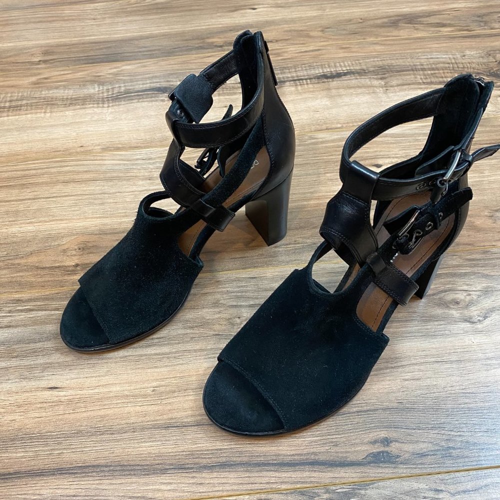 Donald Pliner Black Leather‎ Suede Strappy Open Toe Block Heel Sandals W9 Shoes - Picture 2 of 10